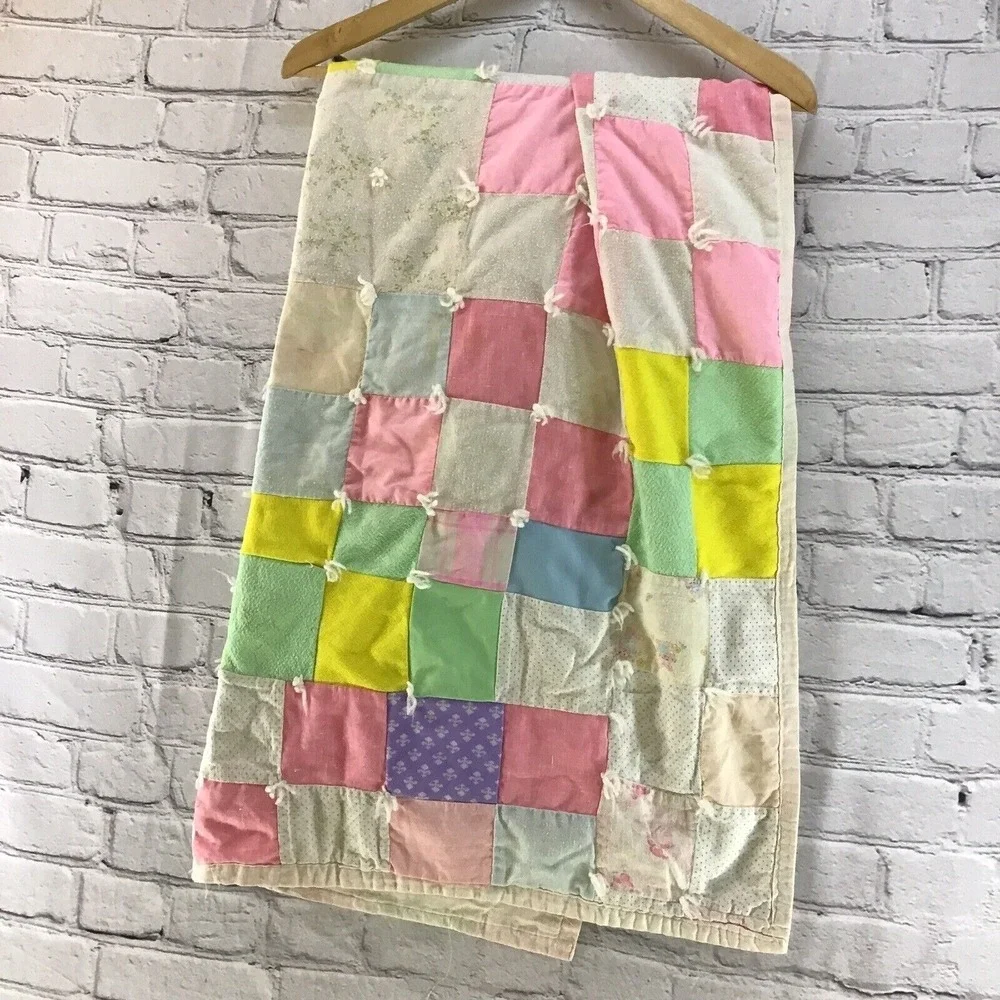 Vintage Baby Blanket Quilt‎ Throw Pink Bunnies Kittens 51